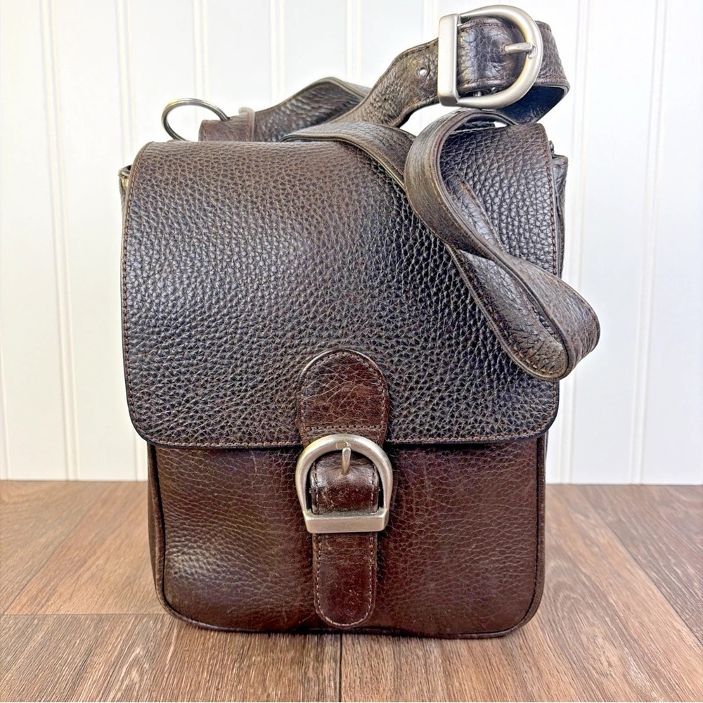 Eddie Bauer Crossbody Handbag Leather Vertical Messenger Double Side Purse Brown